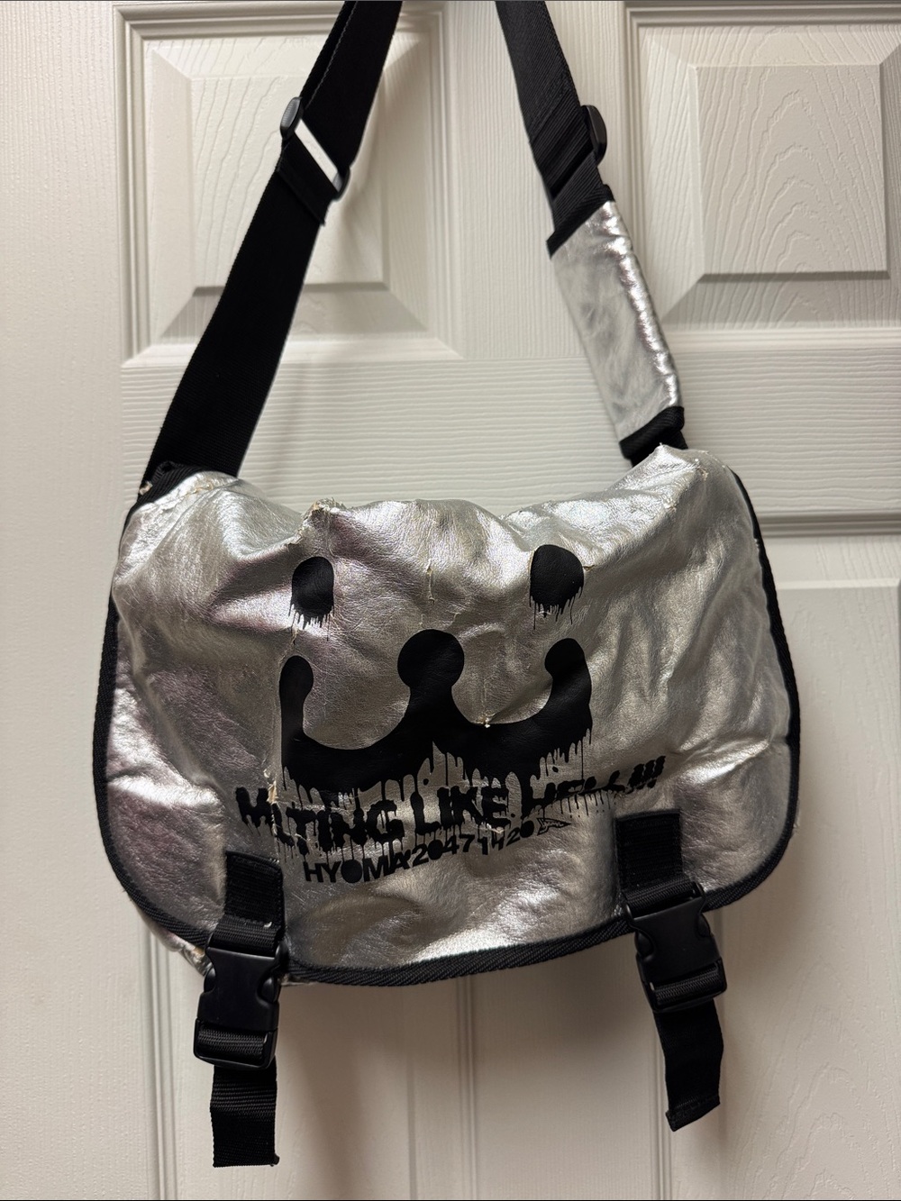 ⭐️Silver Metallic Messenger Bag with Black Drip Graphic